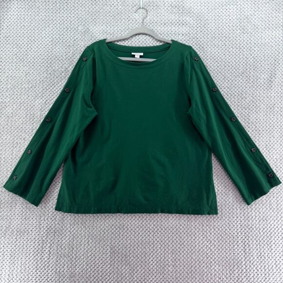 J Jill Top Womens L Kelly Green Ponte Stretch Boat Neck Button Sleeves Casual - Picture 1 of 12